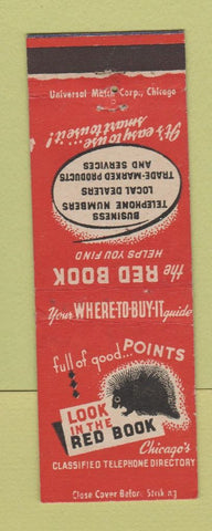 Matchbook Cover - Red Book Telephone Book Chicago IL Porcupine