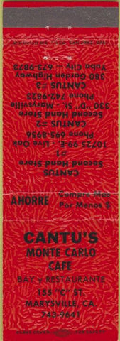 Matchbook Cover - Cantu's Monte Carlo Cafe Marysville CA red