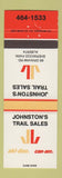 Matchbook Cover - Johnston's Trailer Sales Ski Doo Snowmobiles Sherwood Park AB