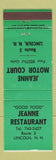 Matchbook Cover - Jeanne Motor Court Restaurant Lincoln NH GREEN