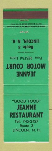 Matchbook Cover - Jeanne Motor Court Restaurant Lincoln NH GREEN