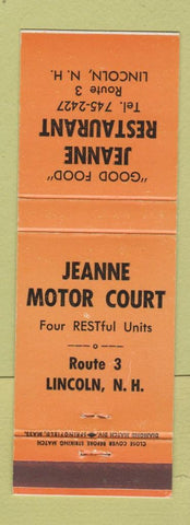 Matchbook Cover - Jeanne Motor Court Restaurant Lincoln NH ORANGE