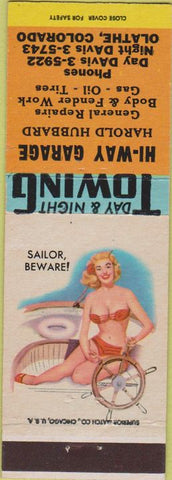 Matchbook Cover - Hi Way Garage Olathe CO pinup gas oil