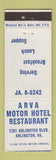 Matchbook Cover - Arva Motor Hotel Restaurant Arlington VA