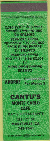 Matchbook Cover - Cantu's Monte Carlo Cafe Marysville CA green