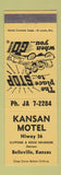 Matchbook Cover - Kansan Motel Belleville KS