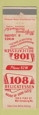 Matchbook Cover - 108 Delicatessen Deli Warrensburg MO WEAR