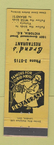 Matchbook Cover - Brand's Restaurant Victoria BC
