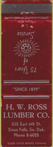 Matchbook Cover - HW Ross lumber Sioux Falls SD