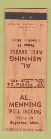 Matchbook Cover - Al Menning Well Digging Edgerton MN low phone #