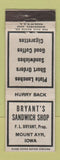 Matchbook Cover - Bryant's Sandwich Shop Mount Ayr IA WEAR