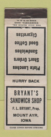Matchbook Cover - Bryant's Sandwich Shop Mount Ayr IA WEAR