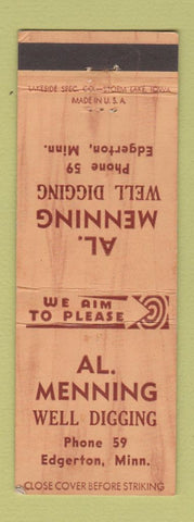 Matchbook Cover - Al Menning Well Digging Edgerton MN low phone #