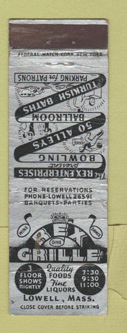 Matchbook Cover - Rex Grille Lowell MA bowling WORN