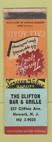 Matchbook Cover - Clifton Bar Grille Newark NJ SAMPLE WEAR