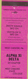 Matchbook Cover - Alpha XI Delta West Chester State College PA pink