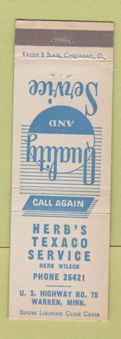 Matchbook Cover - Herb's Texaco oil gas Warren MN