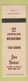 Matchbook Cover - Joe Burns' American Restaurant New York City