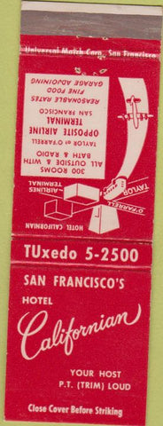 Matchbook Cover - Hotel California San Francisco CA