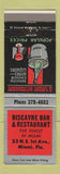 Matchbook Cover - Biscayne Bar Restaurant Miami FL