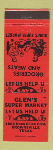 Matchbook Cover - Glen's Super Market Grocery Brownsville TX RED