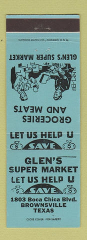 Matchbook Cover - Glen's Super Market Grocery Brownsville TX BLUE