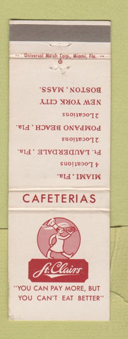 Matchbook Cover - St Clairs Cafeterias Miami Fort Lauderdale FL Boston MA