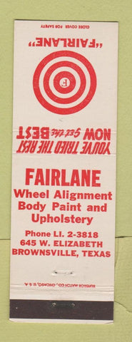Matchbook Cover - Fairlane Wheel Alignment Body Paint Brownsville TX