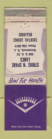 Matchbook Cover - Strike n Spare Lanes Bowling Greenbrook NJ WEAR