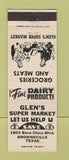 Matchbook Cover - Glen's Super Market Grocery Brownsville TX WHITE