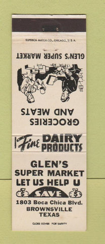 Matchbook Cover - Glen's Super Market Grocery Brownsville TX WHITE