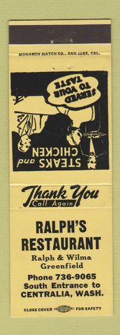 Matchbook Cover - Ralph's Restaurant Centralia WA