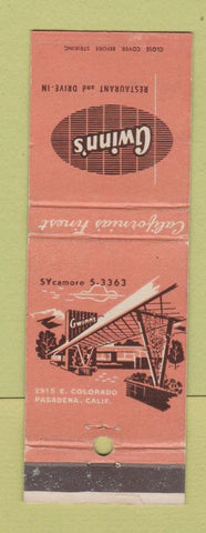 Matchbook Cover - Gwinn's Restaurant Drive In Pasadena CA
