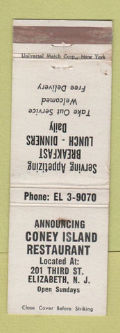 Matchbook Cover - Coney Island Restaurant Elizabeth NJ WEAR
