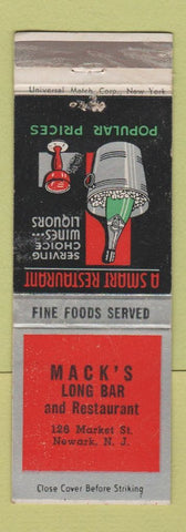 Matchbook Cover - Mack's Long Bar Restaurant Newark NJ