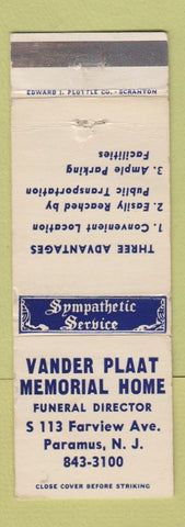 Matchbook Cover - Vander Plaat Memorial Home Paramus NJ