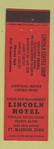 Matchbook Cover - Lincoln Hotel Fort Madison IA Federal