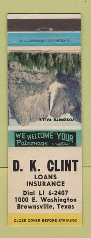 Matchbook Cover - DK Clint Loans Insurance Brownsville TX