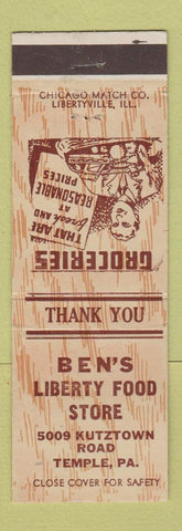 Matchbook Cover - Ben's Liberty Food Store Temple PA grocery