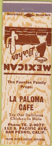 Matchbook Cover - La Paloma Cafe San Pedro CA cactus Mexican
