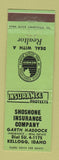 Matchbook Cover - Shoshone Insurance Company Garth Haddock Kellogg ID