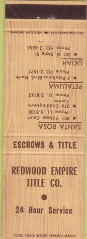 Matchbook Cover - Redwood Title Petaluma Ukiah Santa Rosa CA