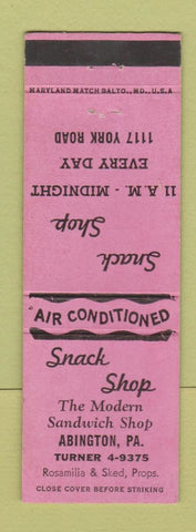 Matchbook Cover - Snack Shop Sandwiches Abington PA