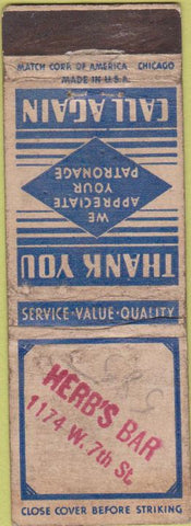 Matchbook Cover - Herb's Bar STAMPED POOR