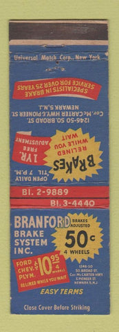 Matchbook Cover - Branford Brake System Newark NJ