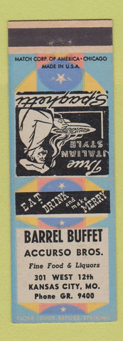 Matchbook Cover - Barrel Buffet Accurso Bros Kansas City MO