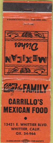 Matchbook Cover - Carillo's Mexican Food Whittier CA WORN