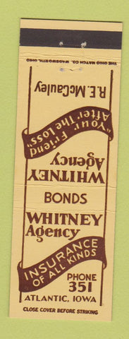 Matchbook Cover - Whitney Insurance Agency Atlantic IA RE McCauley