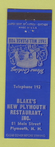 Matchbook Cover - Blake's New Plymouth Restaurant Plymouth NH low phone #