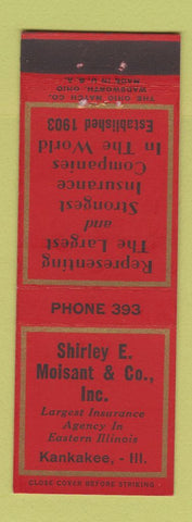 Matchbook Cover - Shirley Moisant Insurance Kankakee IL low phone #